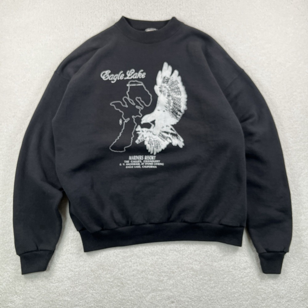 Vtg 90s Hanes Eagle Lake Resort CA Pullover Sweatshirt Men's XL Faded Black Boxy